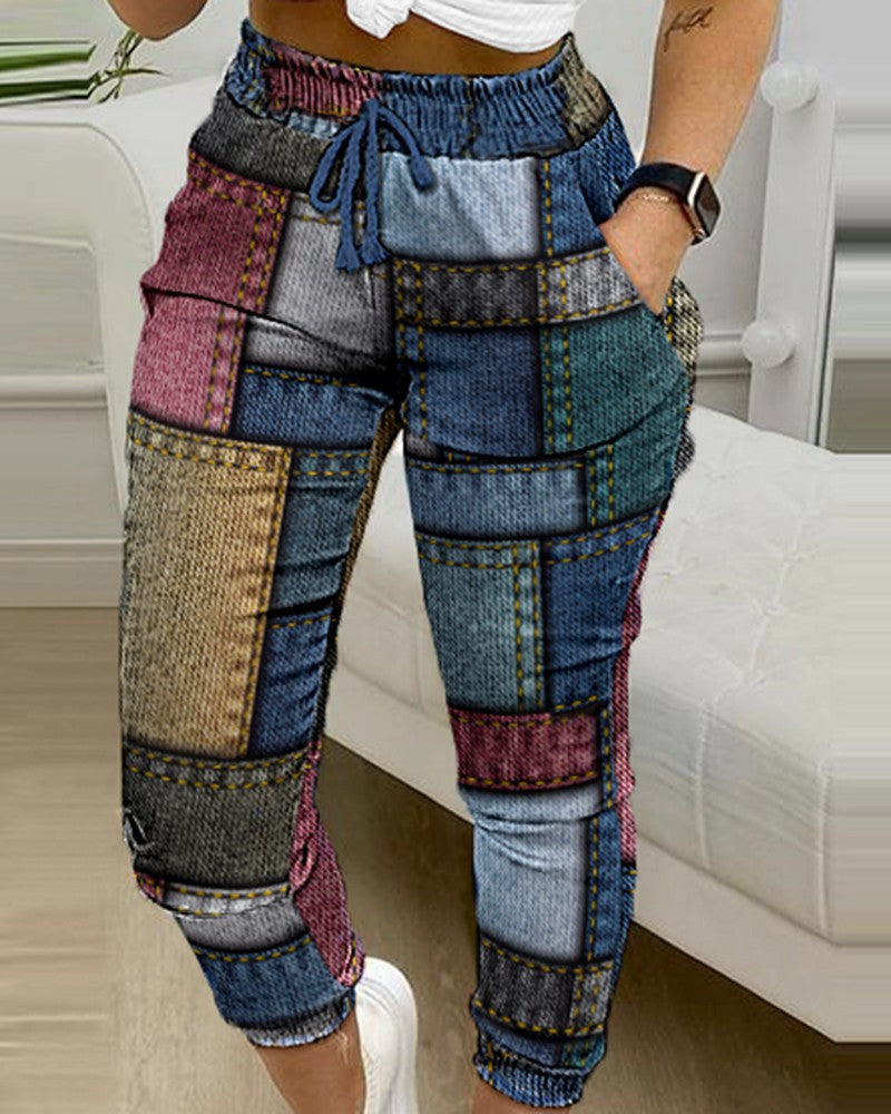 Denim Look Print Drawstring Pants