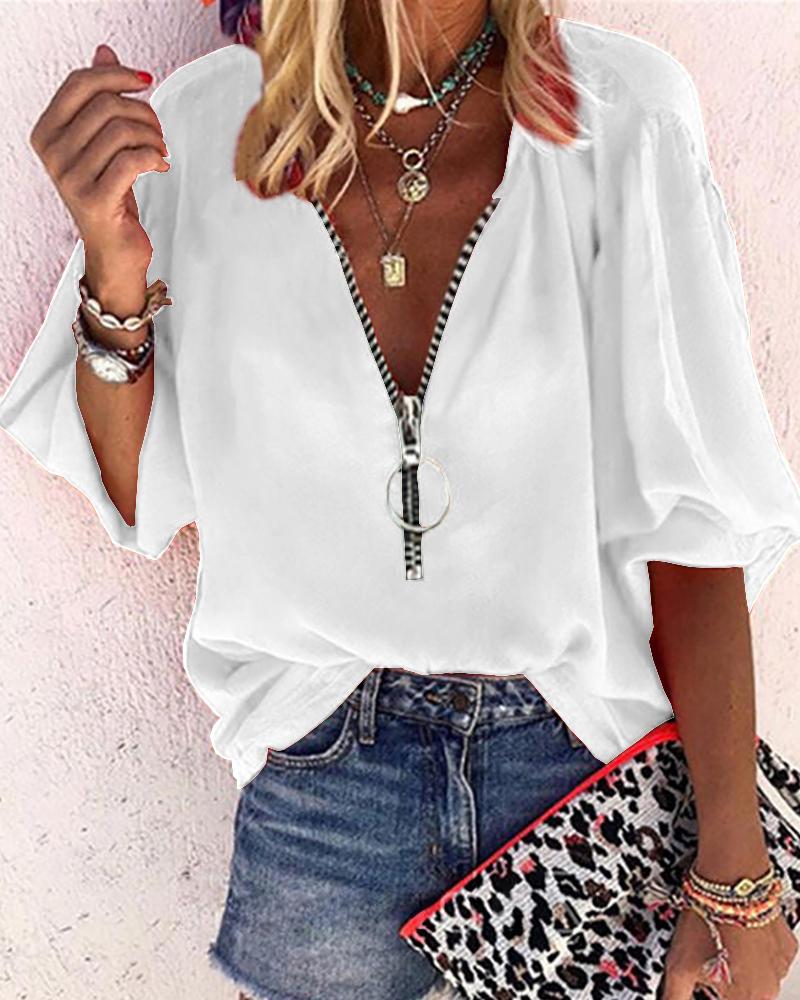 Lantern Sleeve Zipper Design Casual Top