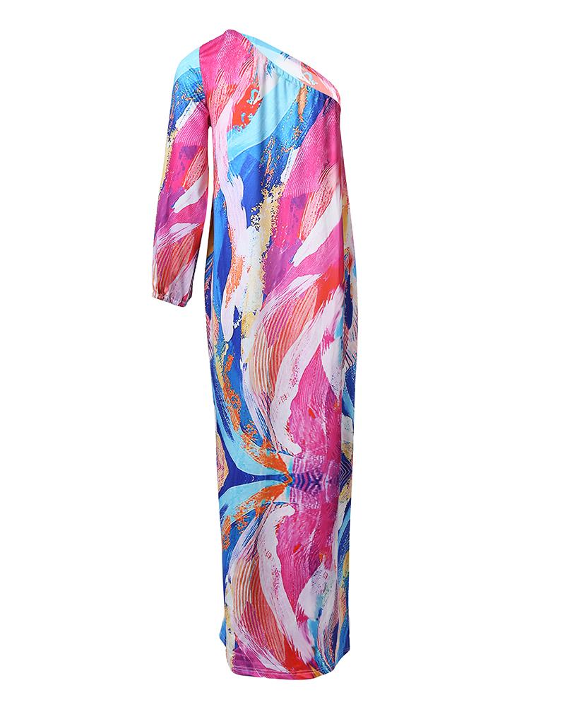 Abstract Print One Shoulder Maxi Dress