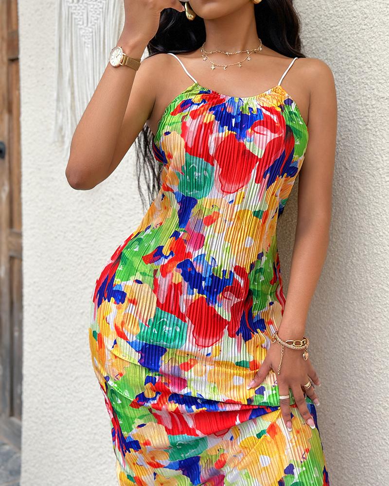 Abstract All Over Print Pleated Design Spaghetti Strap Maxi Dress