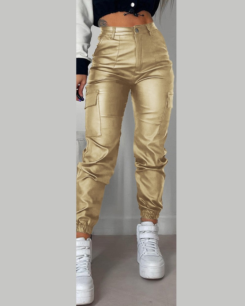 Pocket Design Cuffed PU Leather Pants