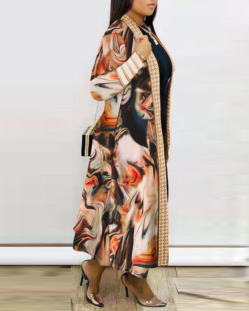 Plus Size Marble Print Open Front Longline Coat