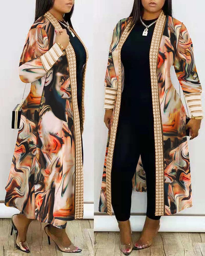 Plus Size Marble Print Open Front Longline Coat