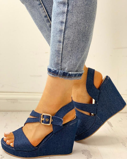 Denim Buckled Platform Wedge Sandals