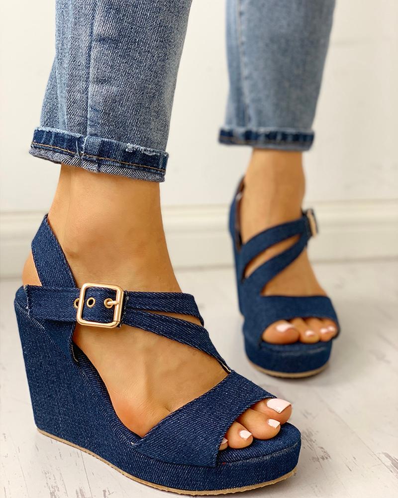 Denim Buckled Platform Wedge Sandals