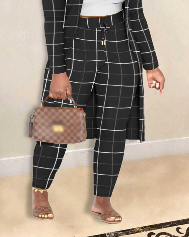 Plus Size 3PCS Cami Top & Plaid Print Pants Set With Coat