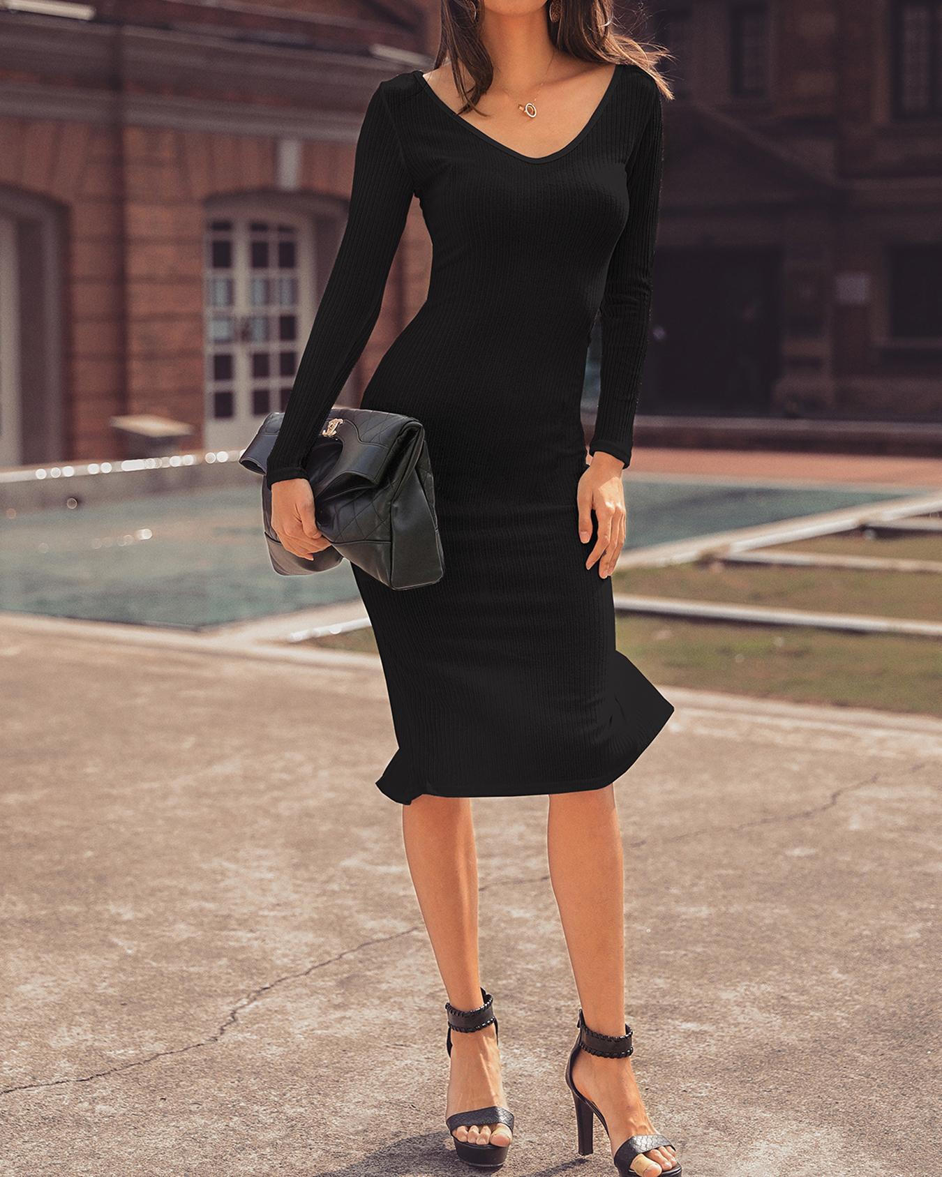 Ribbed Slit Long Sleeve Skinny Midi Dress