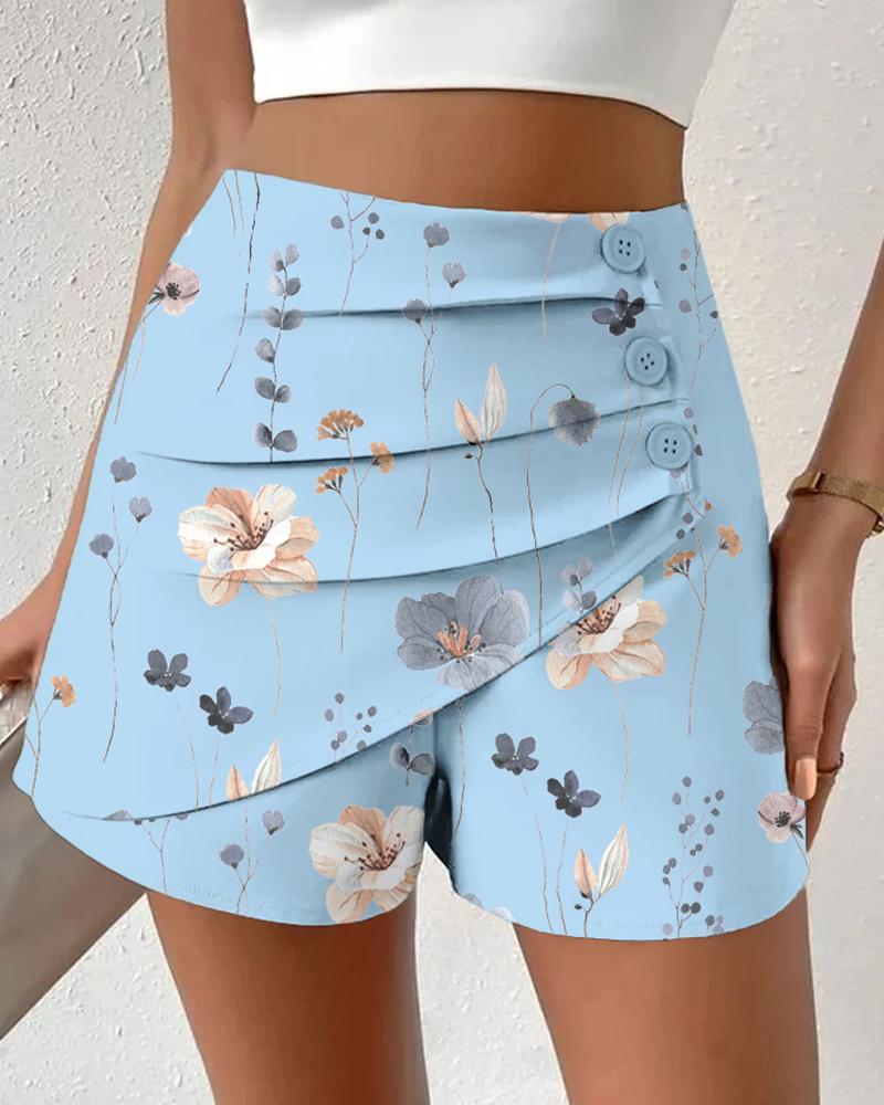 Floral Print Side Button Ruched Shorts