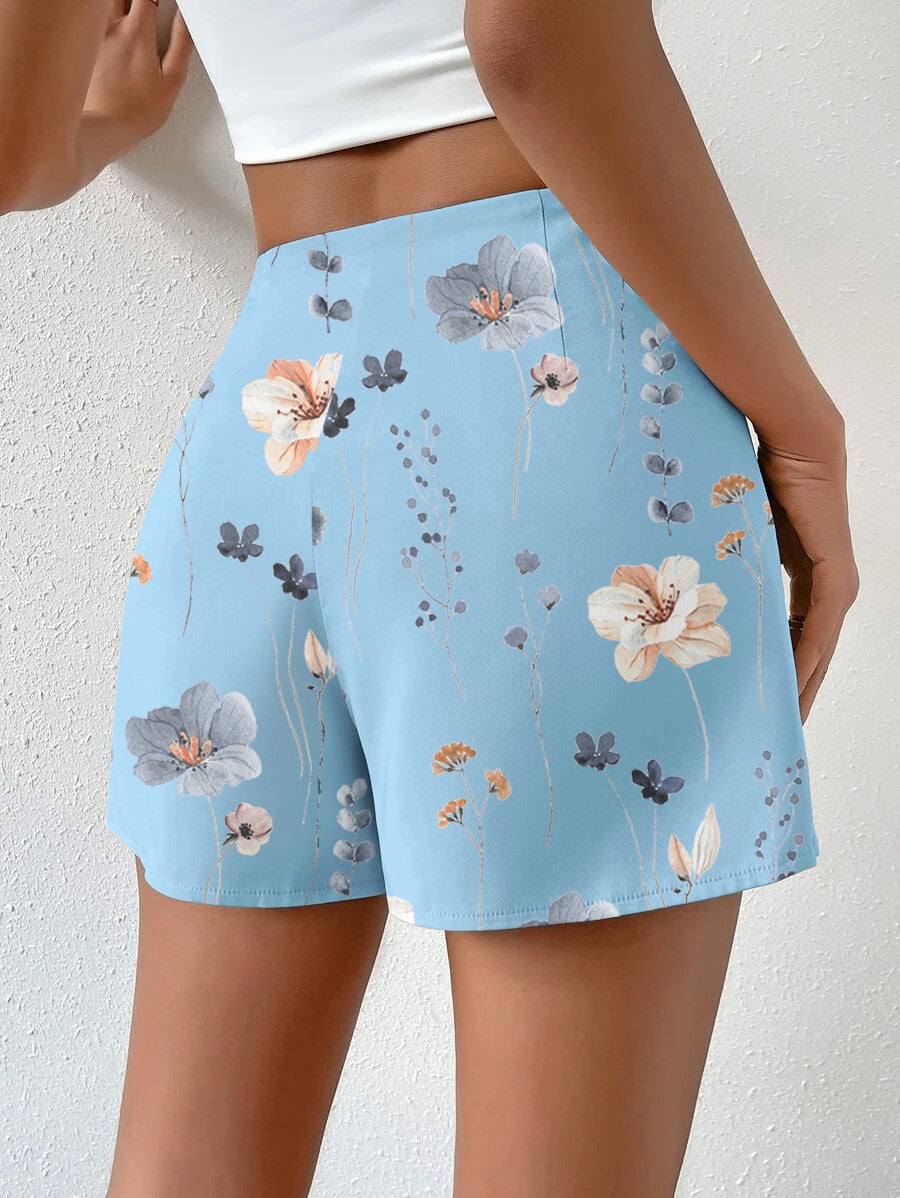 Floral Print Side Button Ruched Shorts