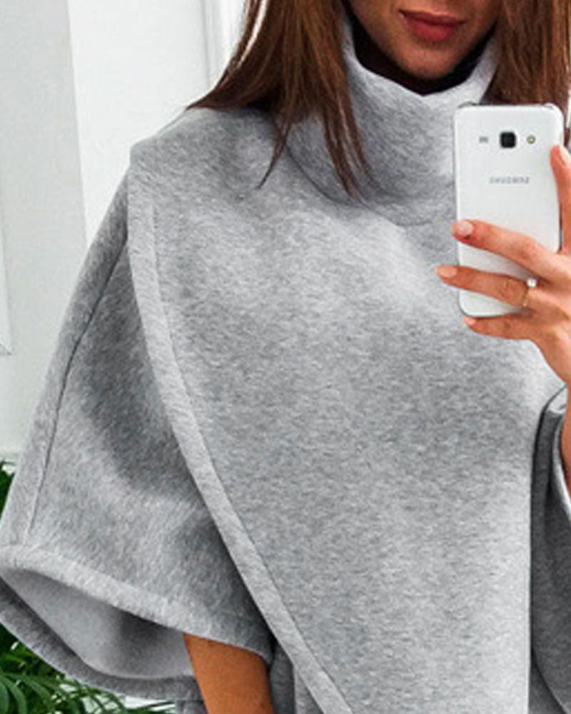 High Neck Asymmetrical Hem Cape shaped Wrap Sweatshirt