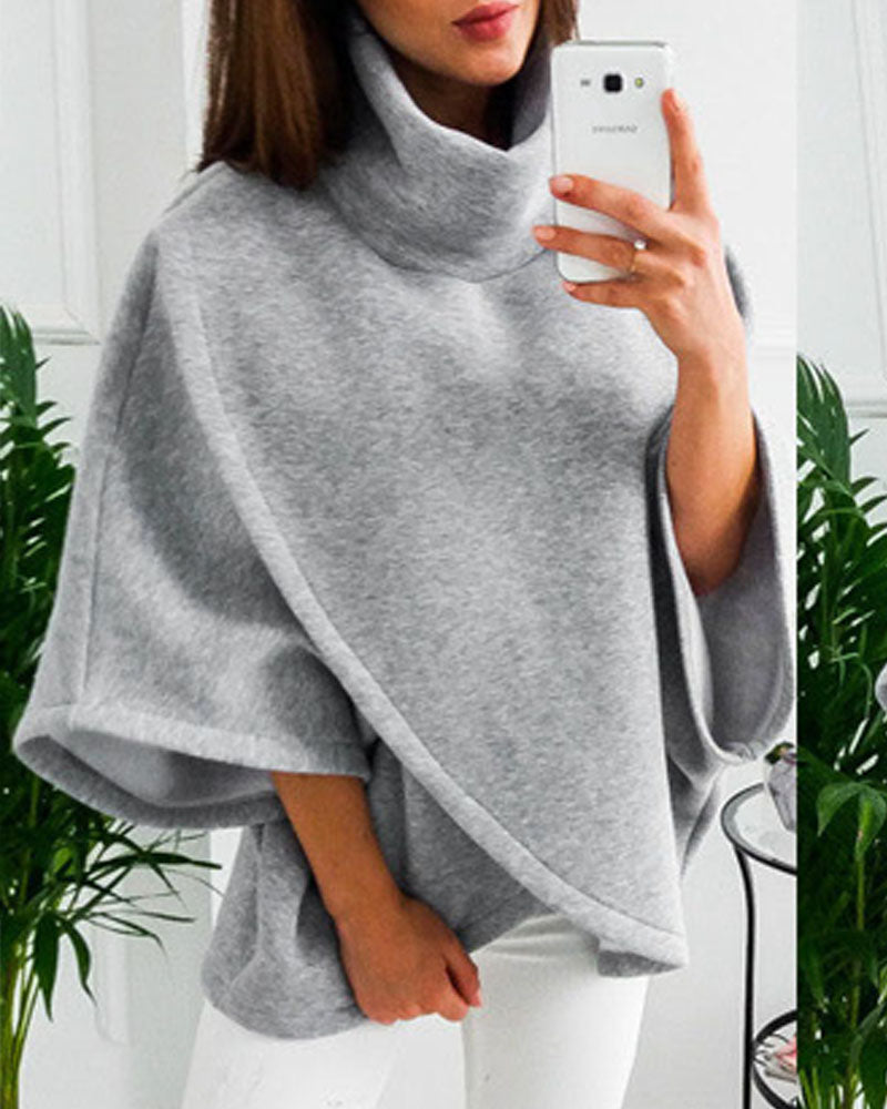 High Neck Asymmetrical Hem Cape shaped Wrap Sweatshirt