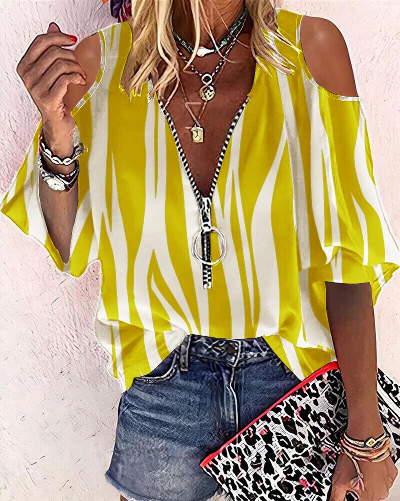 Zebra Stripe Print Zip Front Cold Shoulder Top