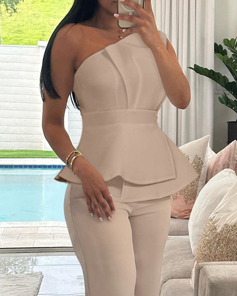 One Shoulder Ruched Top & Straight Leg Pants Set