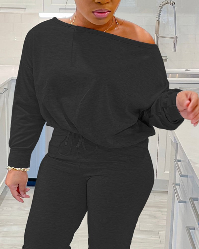 Plus Size Skew Neck Top & Drawstring Pants Set