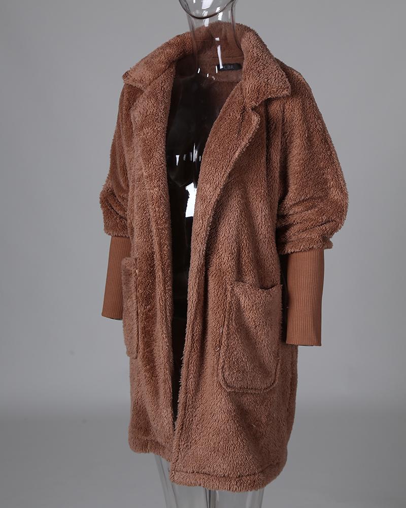 Warm Khaki Solid Fluffy Open Front Long Coat