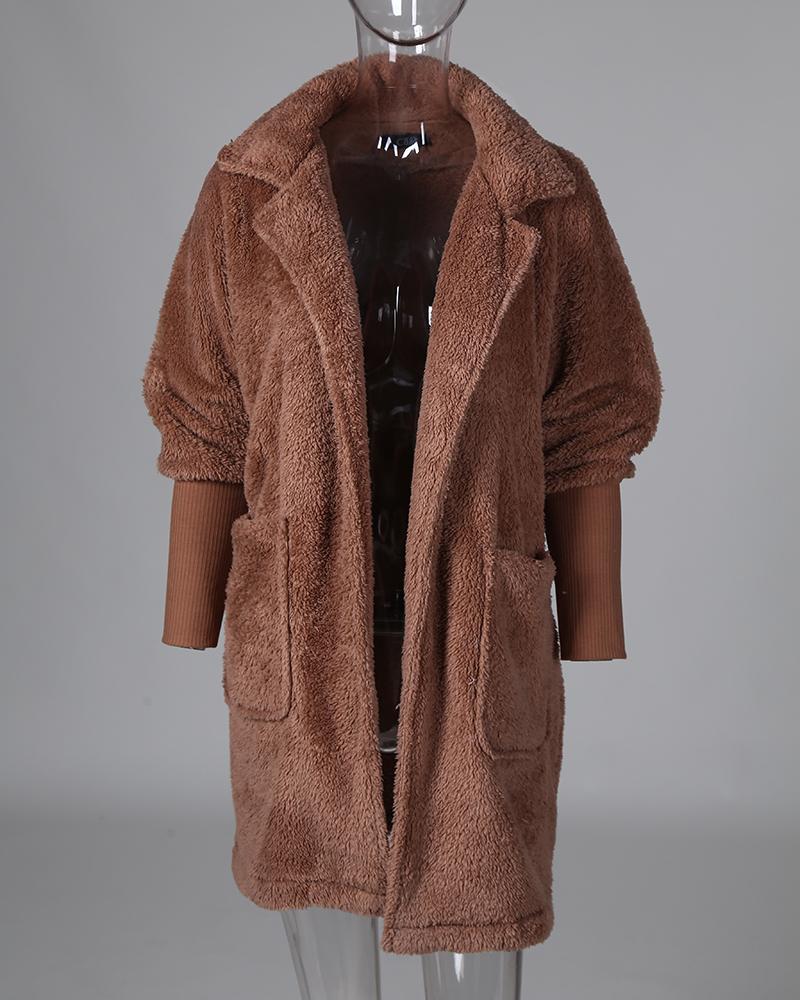 Warm Khaki Solid Fluffy Open Front Long Coat