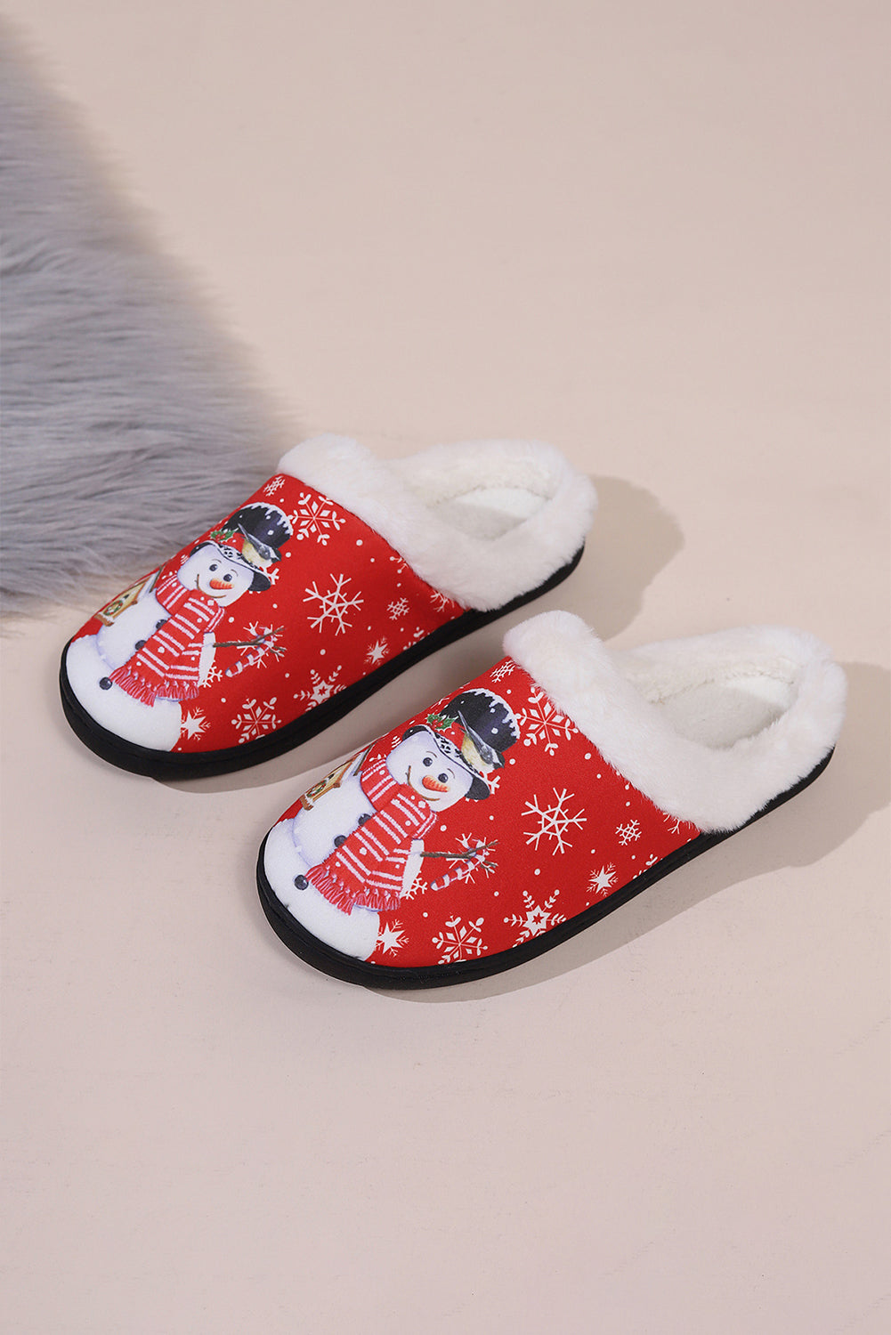 Fiery Red Christmas Snowman Print Plush Home Slippers