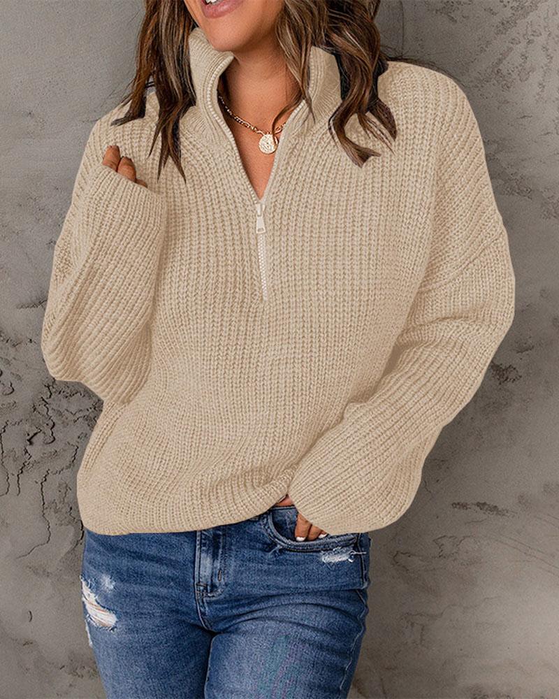 Long Sleeve Zip Detail Chunky Knit Sweater