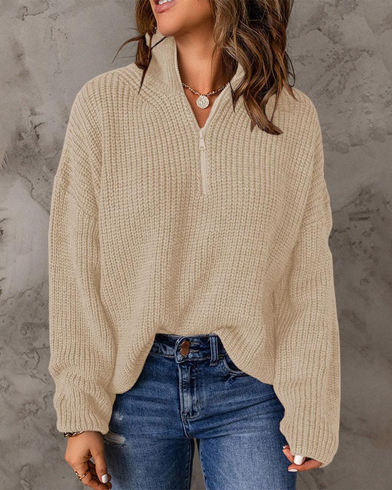 Long Sleeve Zip Detail Chunky Knit Sweater