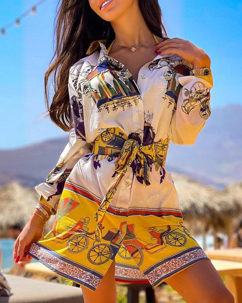 Scarf Print Long Sleeve Buttoned Shirt Dress