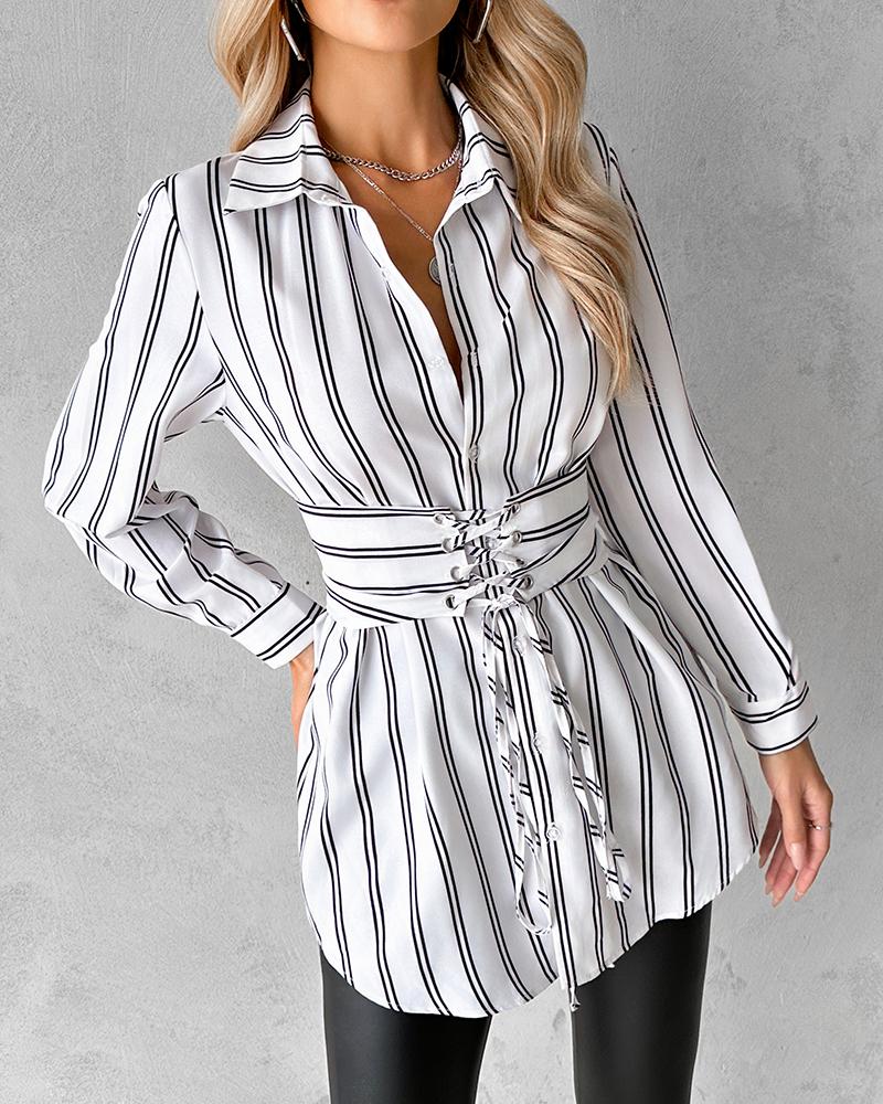 Striped Lace Up Front Shirt Dress