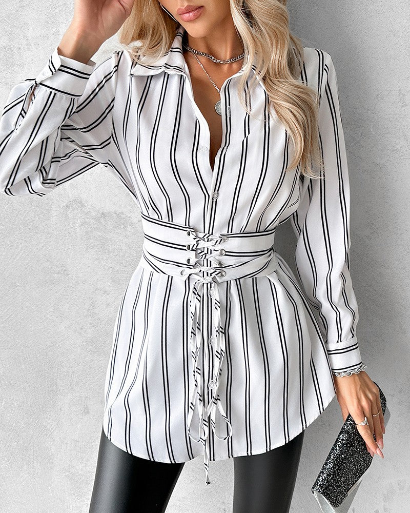 Striped Lace Up Front Shirt Dress