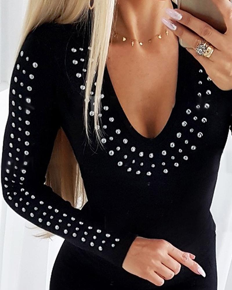 Rhinestone Decor Long Sleeve Bodycon Dress