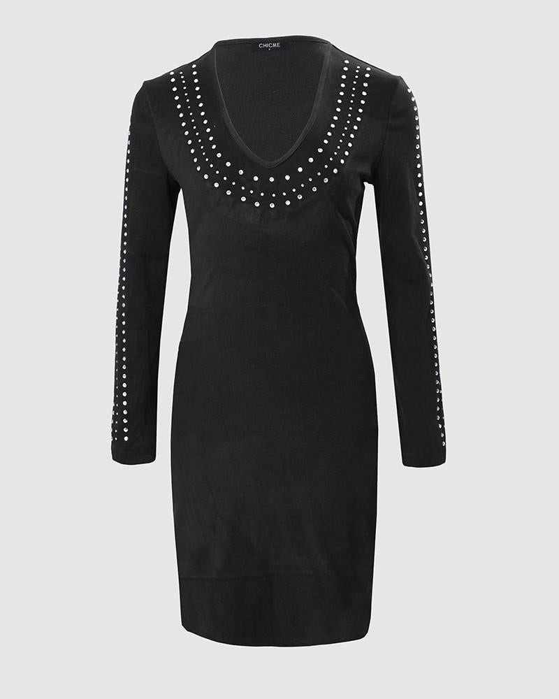 Rhinestone Decor Long Sleeve Bodycon Dress