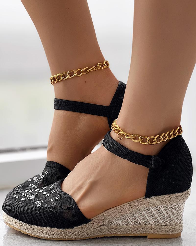 Embroidery Braided Espadrille Ankle Strap Wedge Sandals