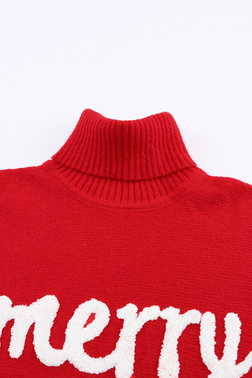 Fiery Red Merry Letter Embroidered High Neck Sweater