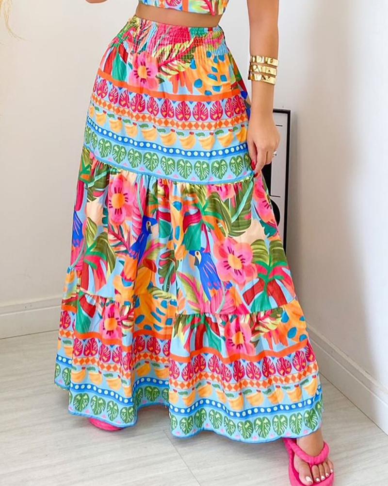 Tropical Print Halter Top & Maxi Skirt Set