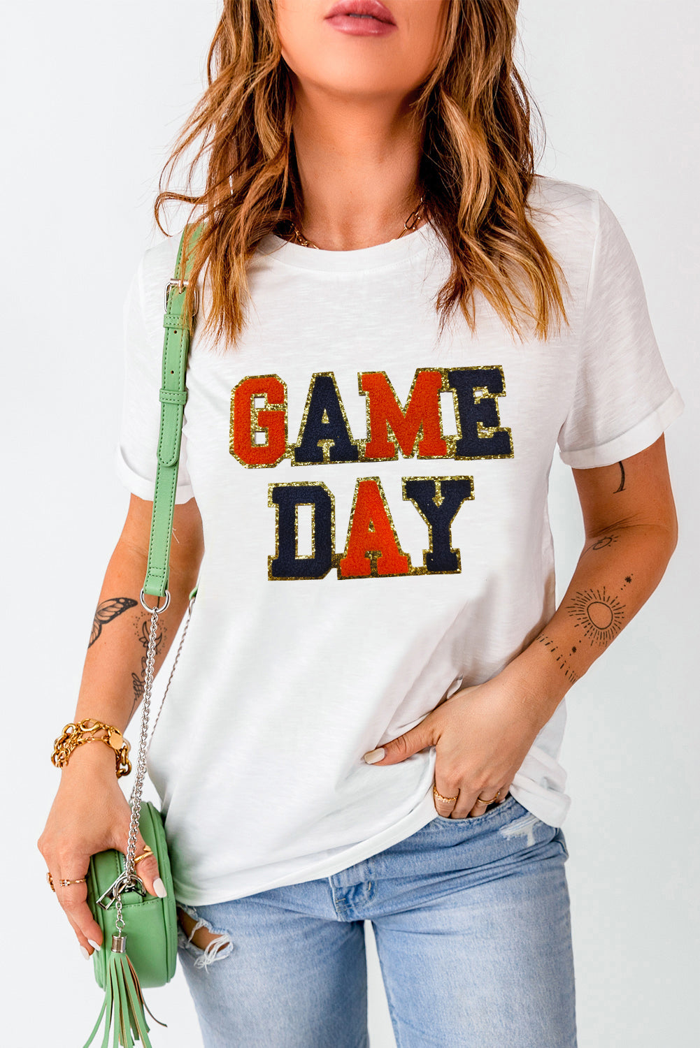 White Glitter GAME DAY Rugby Football Season Round Neck T Shirt