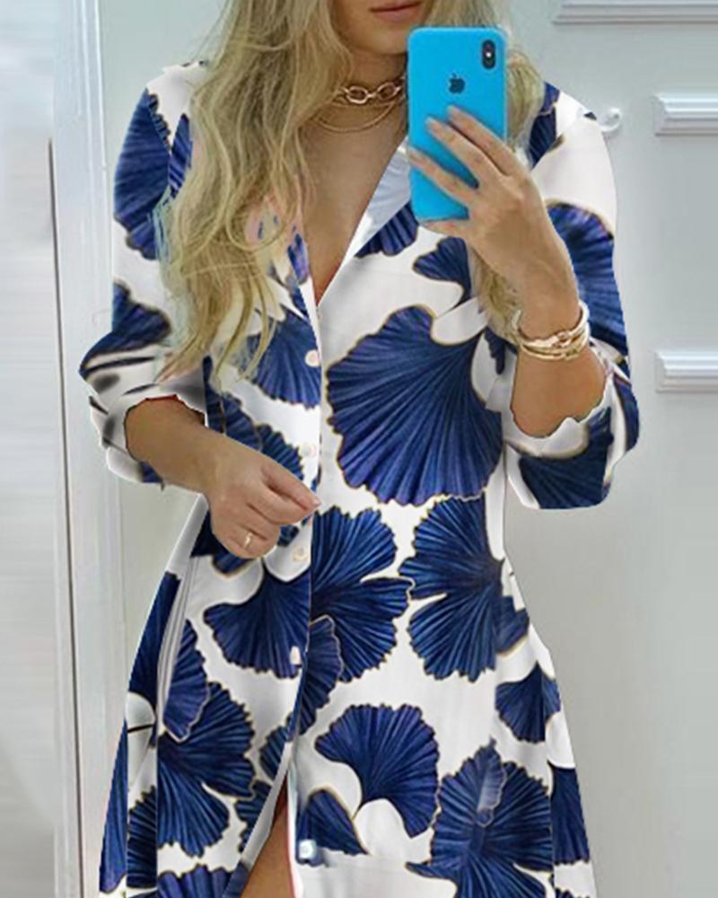 Graphic Print Long Sleeve Button Front Shirt Dress