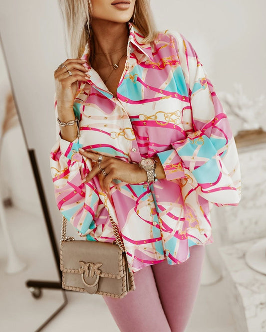 Scarf Print Lantern Sleeve Button Down Shirt