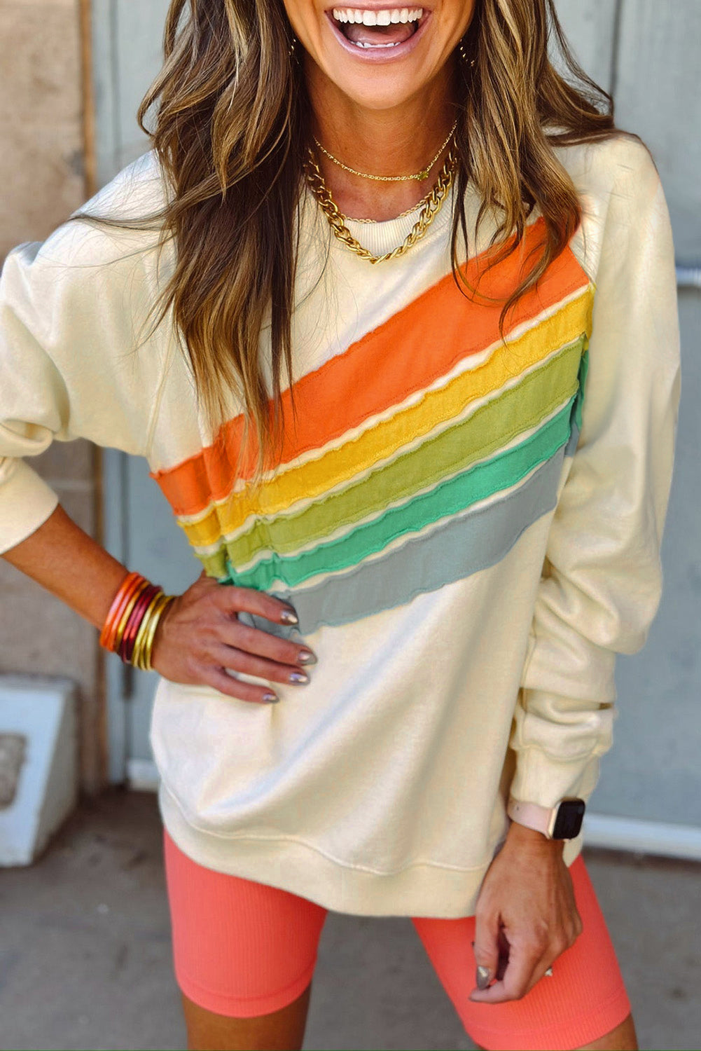 white Rainbow Raglan Sleeve Crew Neck Plus Size Sweatshirt