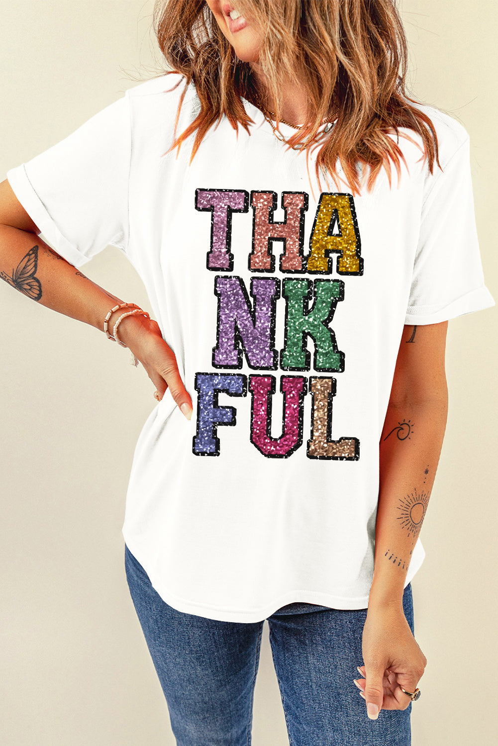 White Heat-transfer Printed THANKFUL Letter Graphic T Shirt