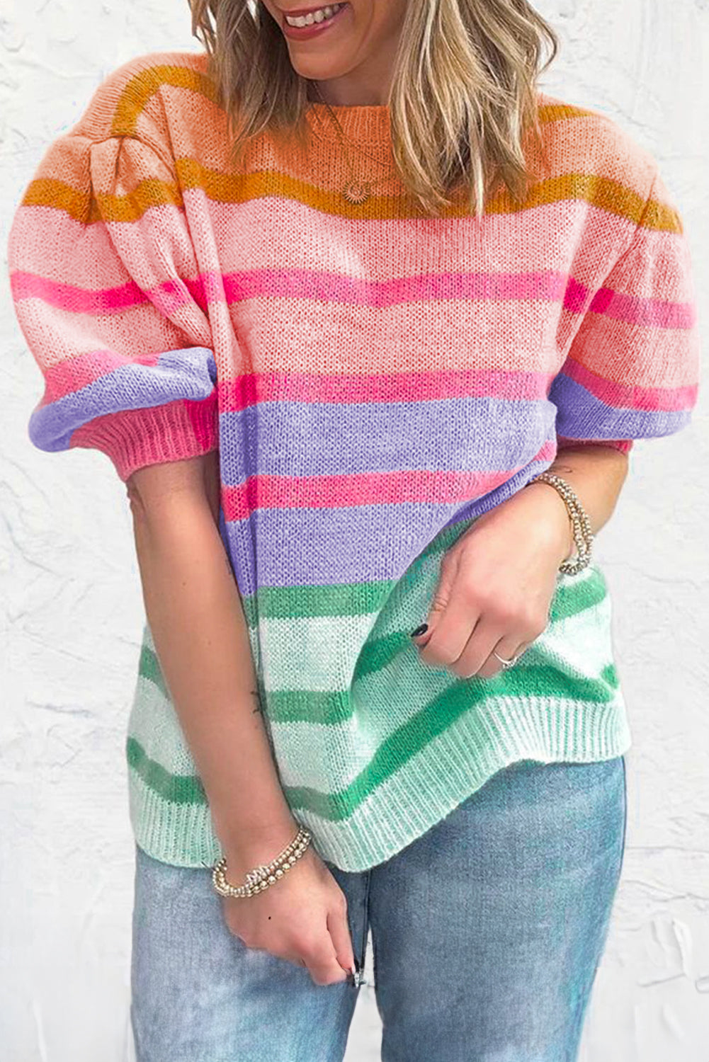 Yellow Stripe Gradient Striped Ribbed Edge Loose Sweater