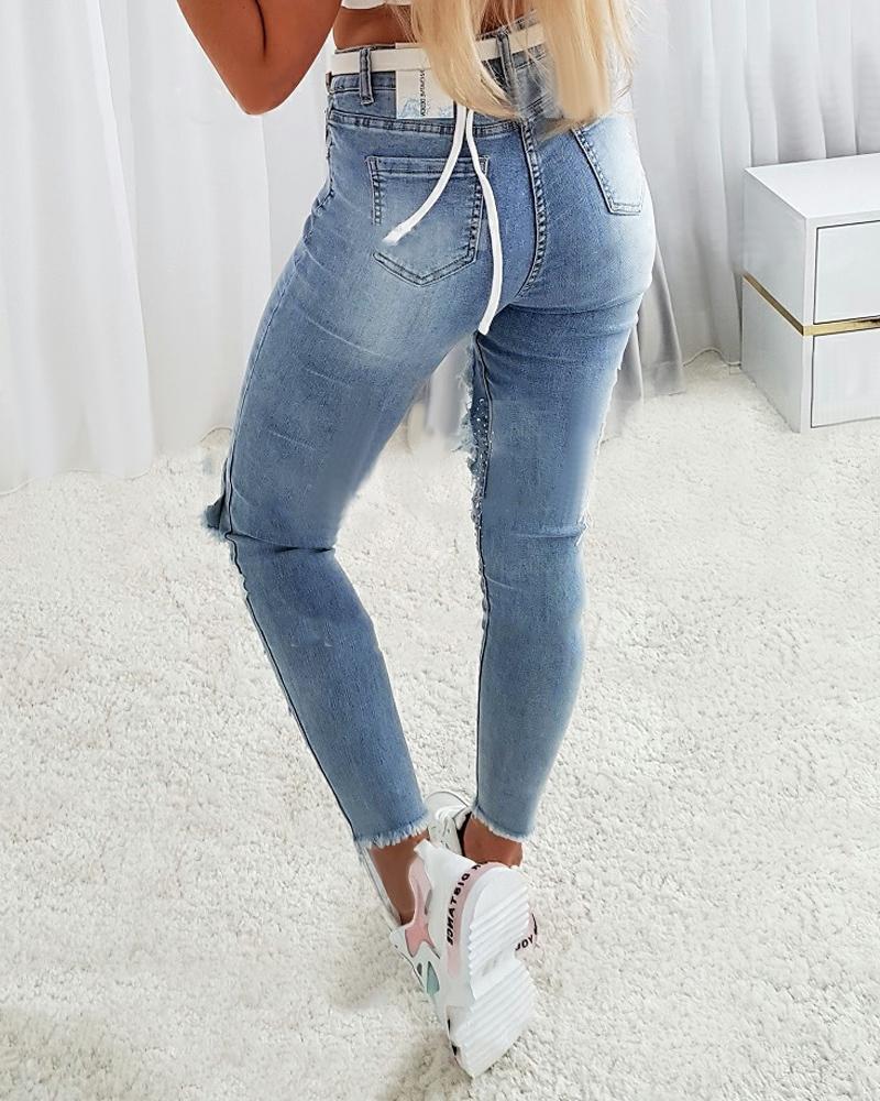 Contrast Lace Cutout Ripped Raw Hem Skinny Jeans