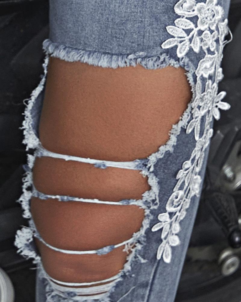 Contrast Lace Cutout Ripped Raw Hem Skinny Jeans