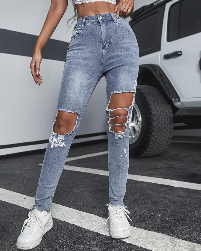 Contrast Lace Cutout Ripped Raw Hem Skinny Jeans