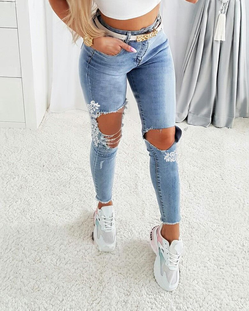 Contrast Lace Cutout Ripped Raw Hem Skinny Jeans