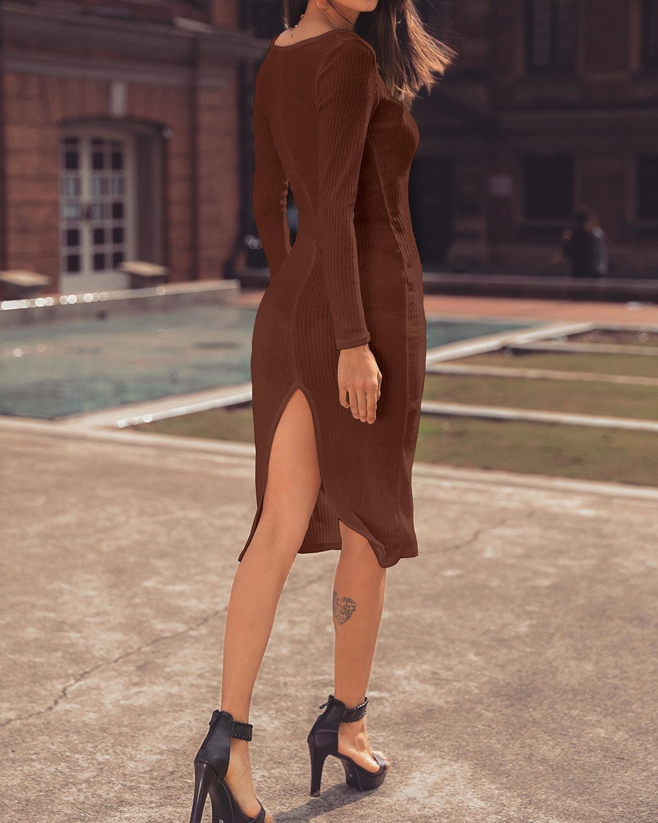 Ribbed Slit Long Sleeve Skinny Midi Dress