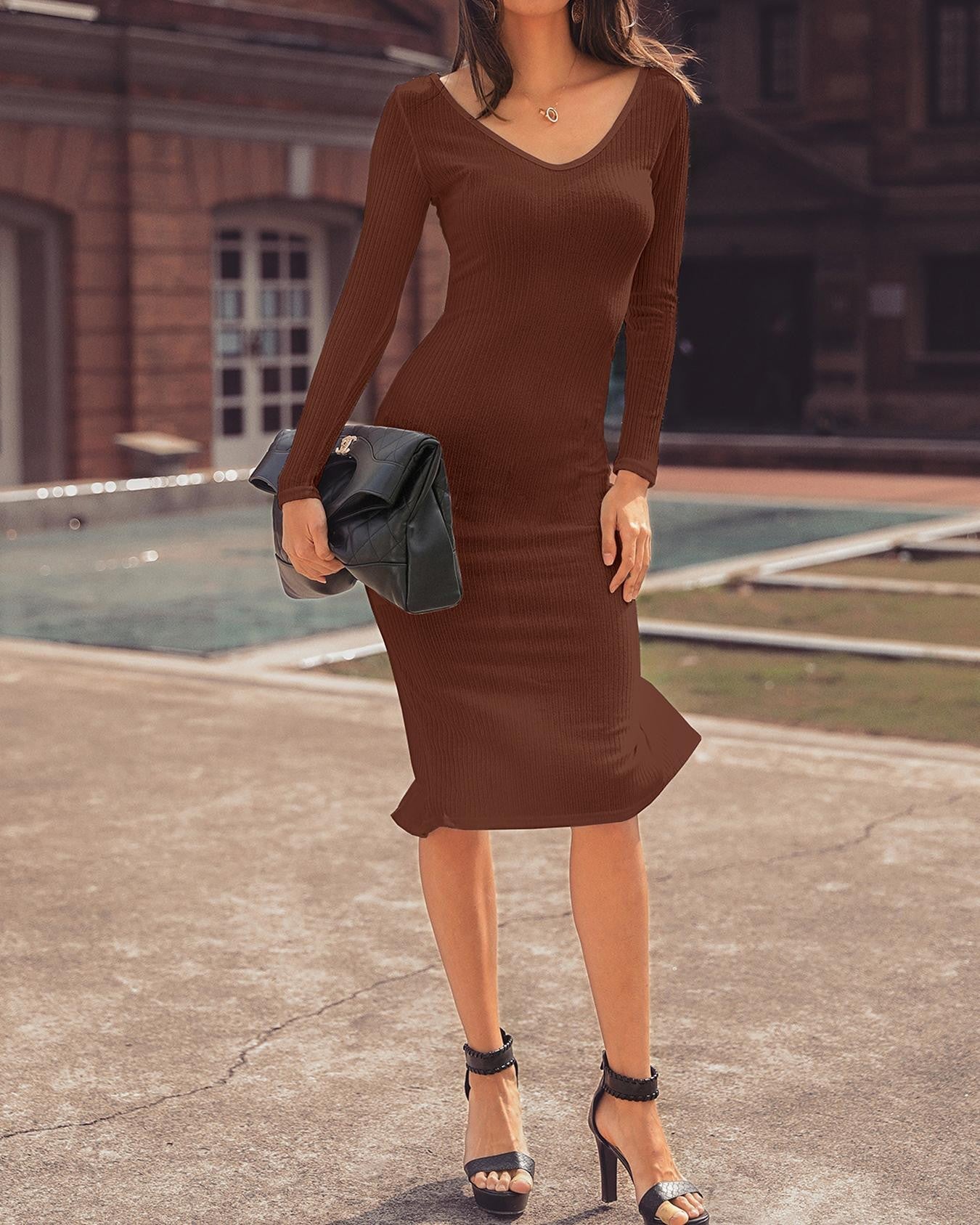 Ribbed Slit Long Sleeve Skinny Midi Dress