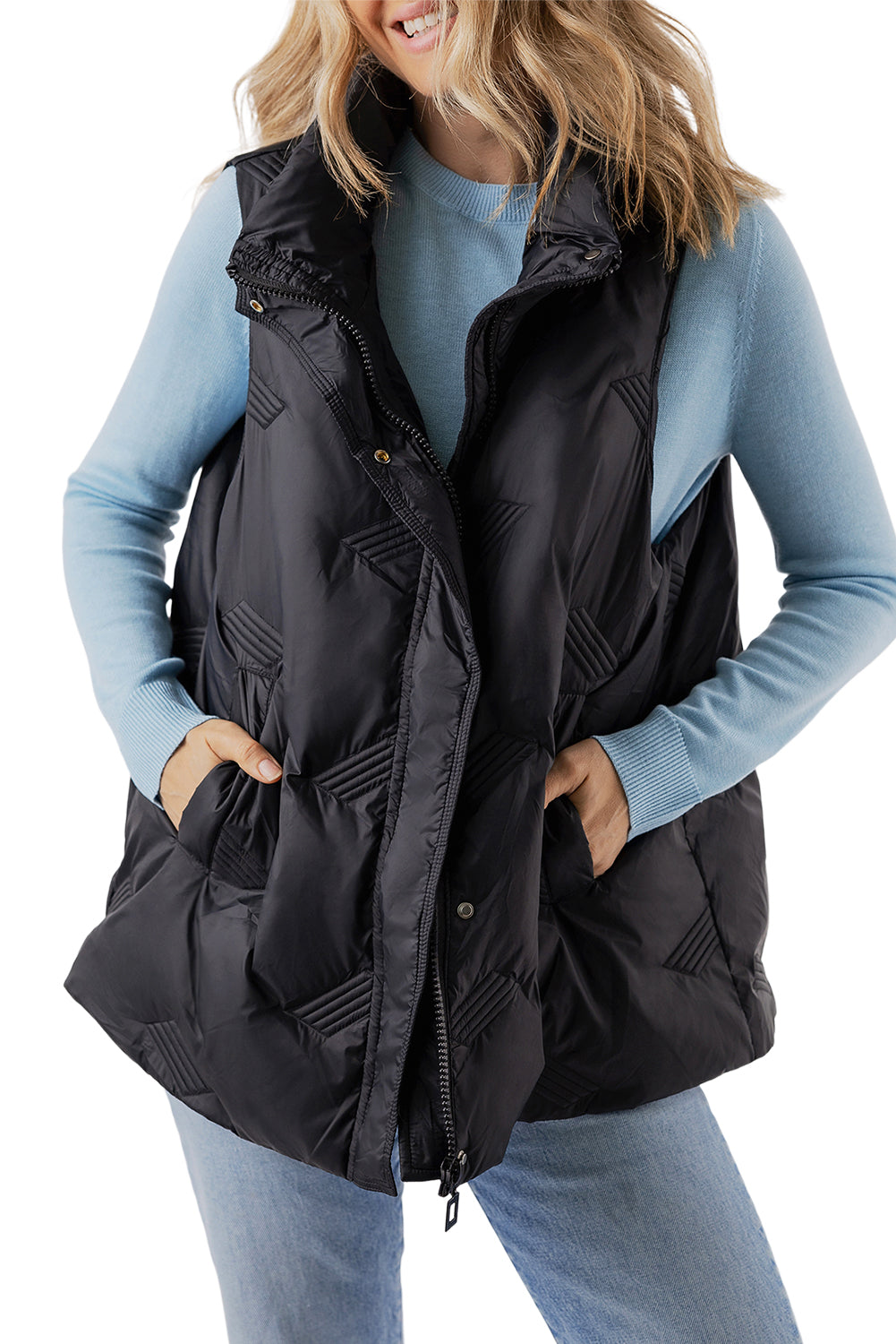 Black Quilted High Neck Zip Up Jacket Vest