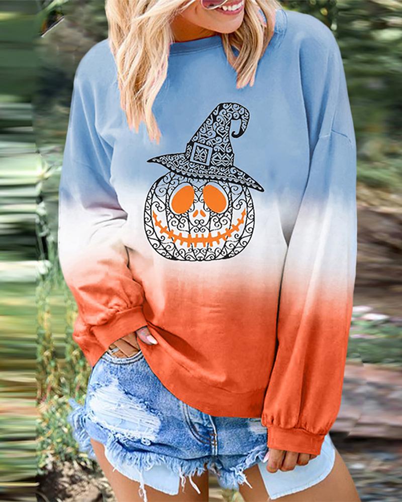 Halloween Pumpkin Bat Print Gradient Color Top