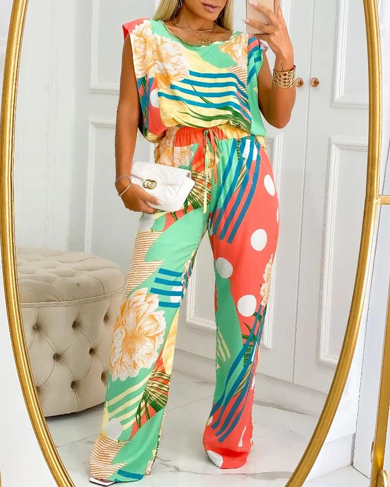 Tropical Print Round Neck Top & Drawstring Pants Set