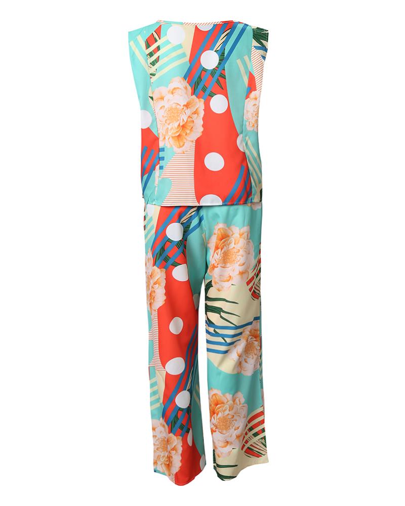 Tropical Print Round Neck Top & Drawstring Pants Set