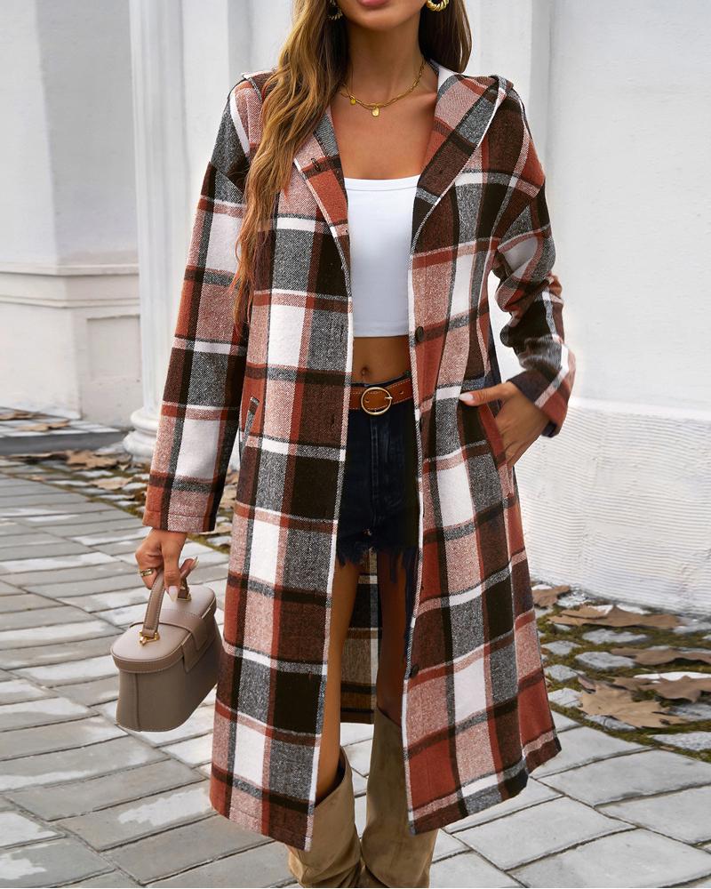 Plaid Pattern Button Down Pocket Design Longline Hooded Coat