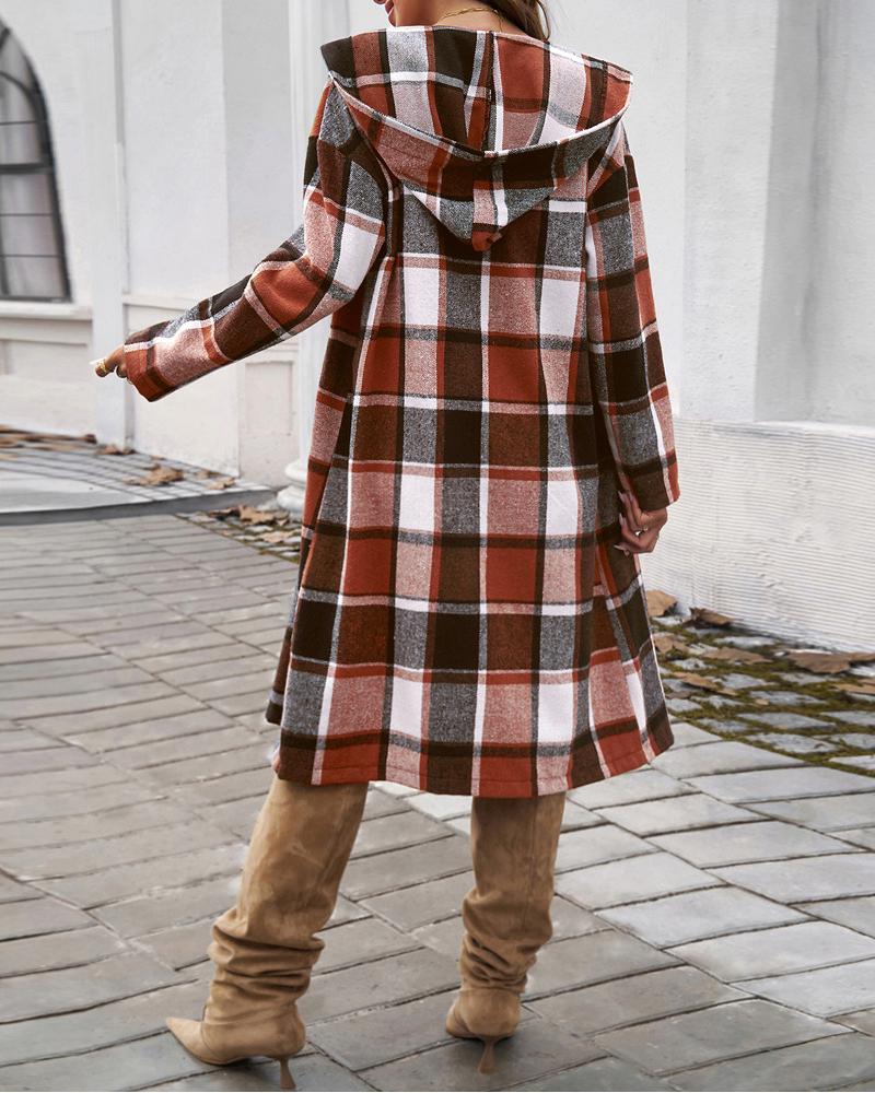 Plaid Pattern Button Down Pocket Design Longline Hooded Coat