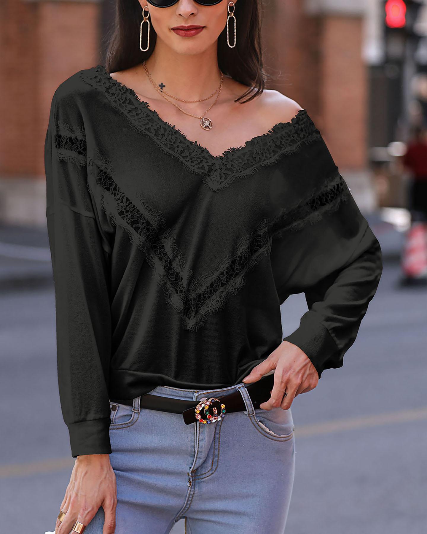 Solid Lace Hollow Out Detail Sweater